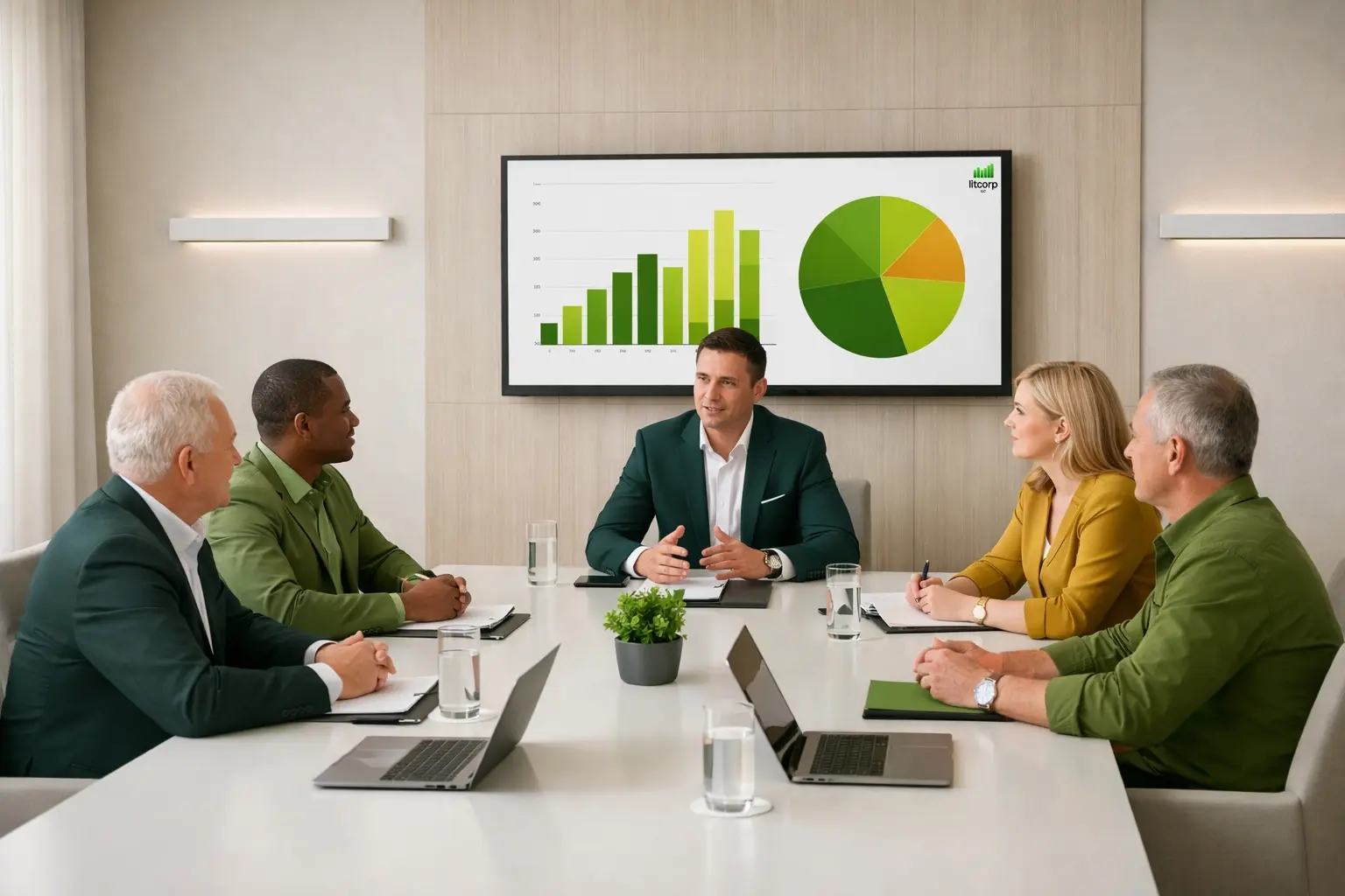 Business meeting in a conference room with executives using colors Avocado 0E5E04Paiste4E9B06Real Life Snapdragon 91C026Neon FirefliesD4FC88Firefly Dr