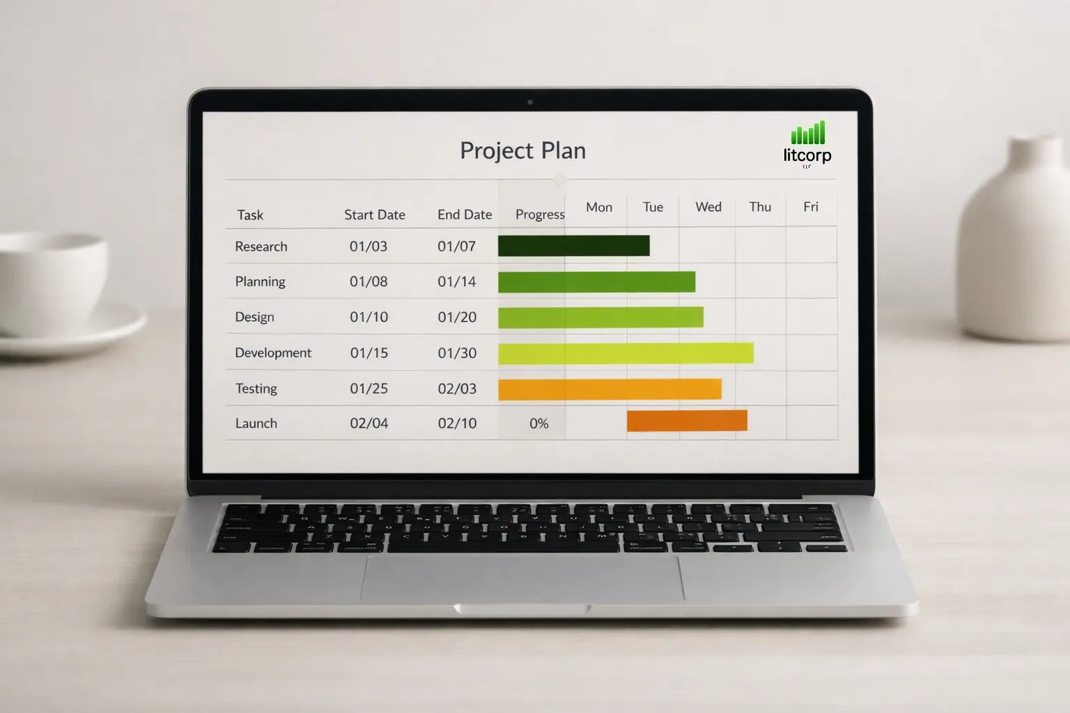 a laptop showing a project plan with a gantt chart using colors Avocado 0E5E04Paiste4E9B06Real Life Snapdragon 91C026Neon FirefliesD4FC88Firefly Drift